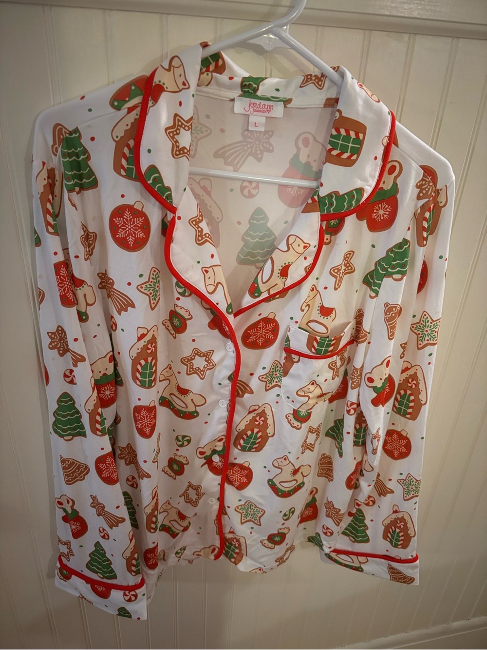 NWOyJordan Jammies White Holiday Cookie & Tree Women's Pajama Top with Red Trim
